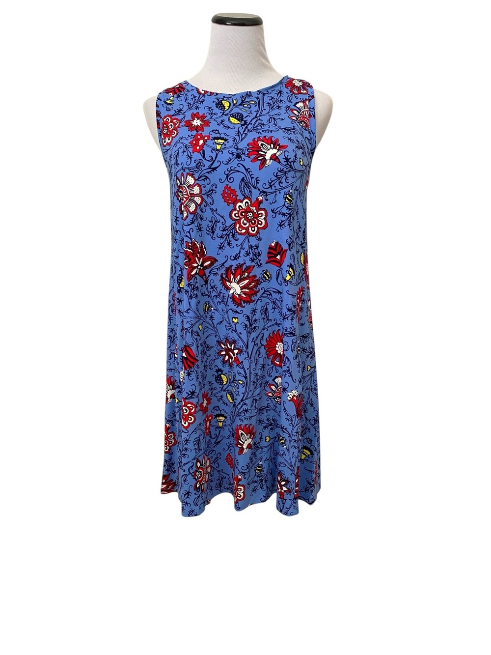 Loft Floral Swing Dress Petite Sz Small Blue Sleeveless
